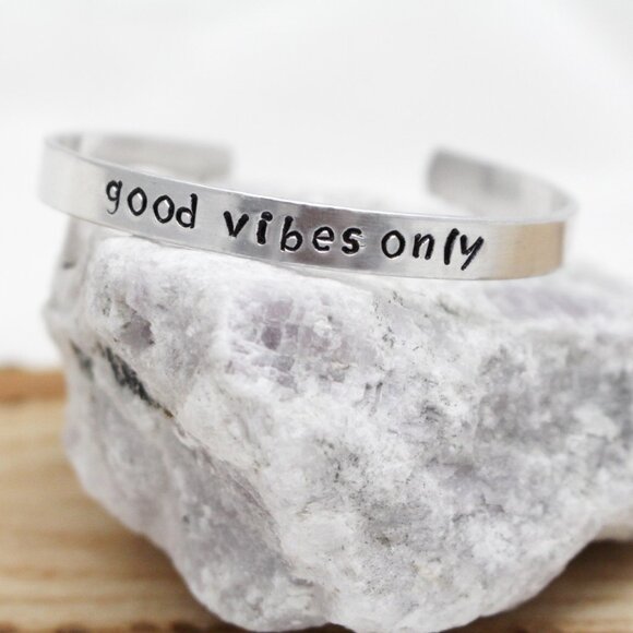Good Vibes Only - Hand Stamped Anodized Aluminum Bangle - Adjustable - Picture 3 of 11